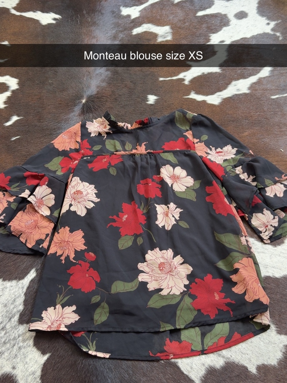 Monteau Black Floral Ruffle Sleeve Blouse with Red & Peach Blooms